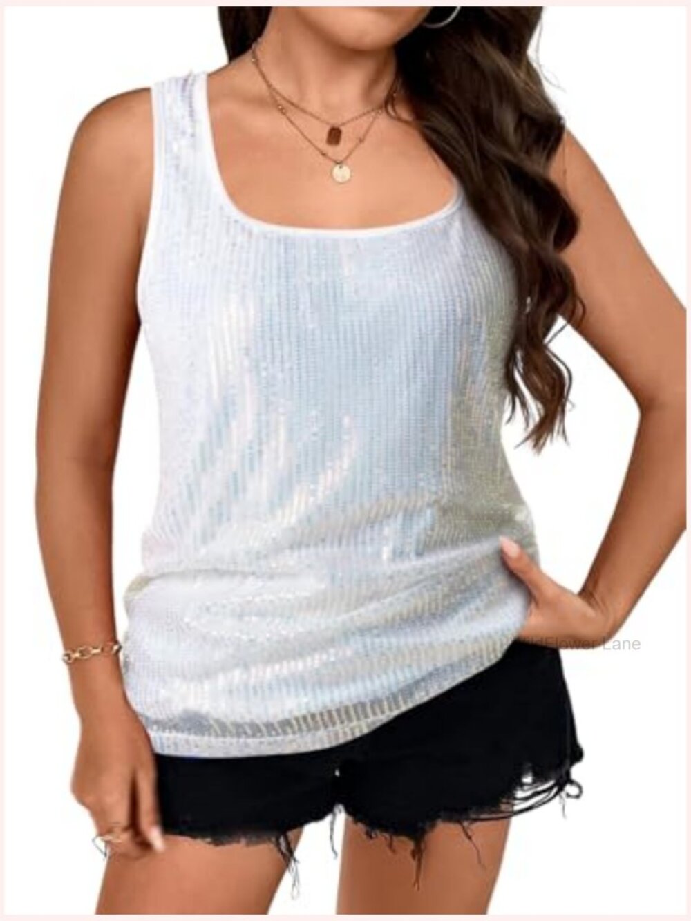Plus Size Sequin Tank Top Sleeveless Square Neck Sparkly Club Party Shirt - Picture 2 of 5